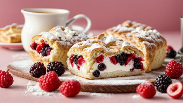 Cherry-raspberry berry pie on a pink background. This cake is perfect for a tea party with family or friends