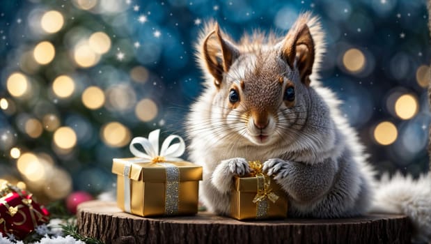 A unique and charming fluffy squirrel with a New Year's gift. Fluffy squirrel with a New Year's gift on a New Year's background