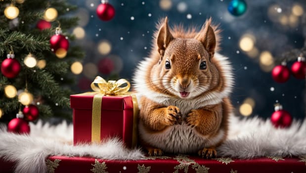 A unique and charming fluffy squirrel with a New Year's gift. Fluffy squirrel with a New Year's gift on a New Year's background