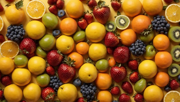 Collection of mixed fruits, top view, flat arrangement of fruits on a yellow background,