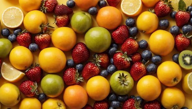 Collection of mixed fruits, top view, flat arrangement of fruits on a yellow background,