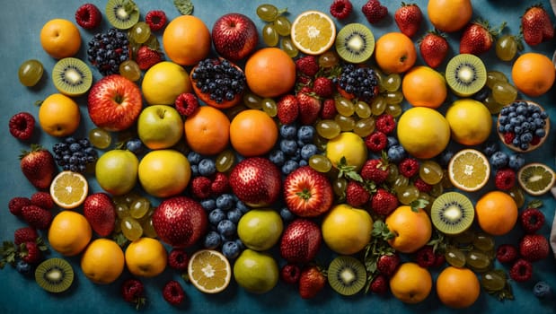 Collection of mixed fruits, top view, flat arrangement of fruits on a blue background,