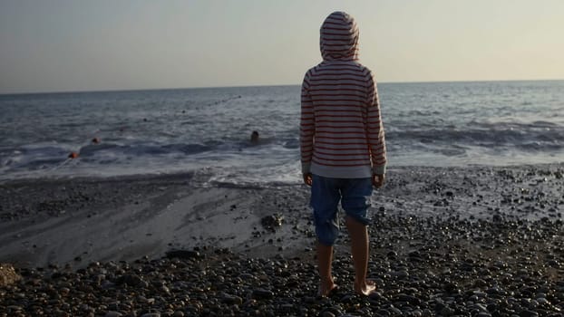 Rear view of a boy standing on a pebble beach and looking far in the distance. Creative. A male teenager standing on a sea shore during sunset