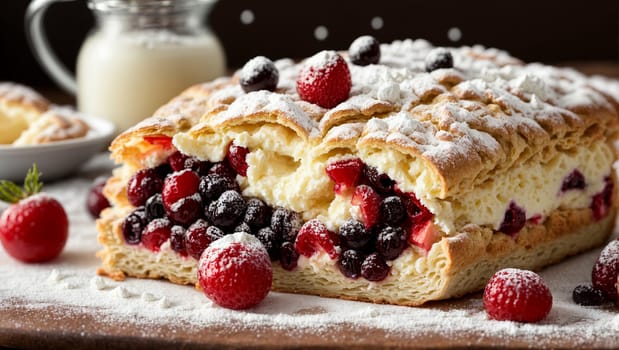 Cherry-raspberry berry pie on a black background. This cake is perfect for a tea party with family or friends