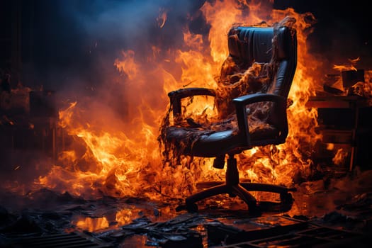 A burning chair in the office, burnout and loss of reality, a metaphor for the emotional state of a person. Deadline and postponement of issuing the order on time.