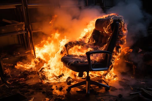 A burning chair in the office, burnout and loss of reality, a metaphor for the emotional state of a person. Deadline and postponement of issuing the order on time.