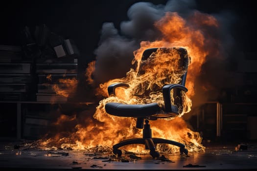 Burning office chair on a black background, burning furniture. Professional burnout of office workers.