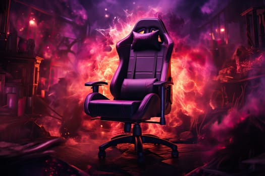 A burning chair, a state of emotional burnout in the office, a sign of collapse, a hot seat. Gaming chair in neon light.