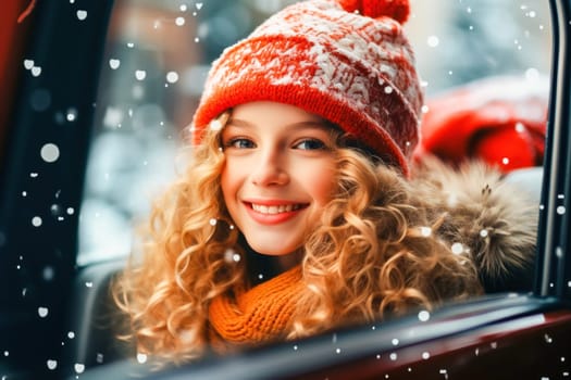 Cheerful girl in a red hat on the background of falling snow. The joy of winter games and a smile will give you warmth and peace.