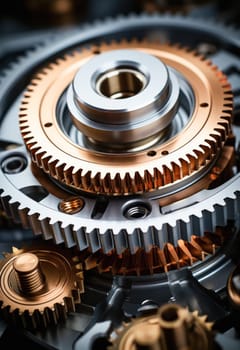 Close-up of a vintage clockwork mechanism with intricate cogwheels, revealing the captivating steampunk aesthetic and precise inner workings