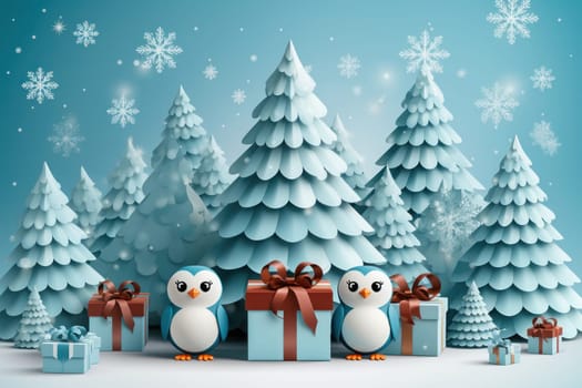 A cheerful New Year's greeting card design with adorable penguins, snow-covered Christmas trees, and a serene blue background is perfect for spreading holiday joy and warmth.