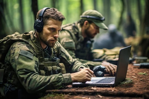 Dedicated service members dressed in camouflage clothing are seen focused on a laptop and using headphones in the middle of a serene forest.