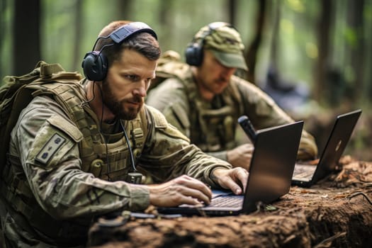 Serious army officers dressed in military uniform immerse themselves in their tasks on laptop using headphones against the background of a peaceful forest environment