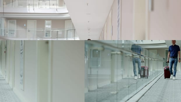 Young man with suitcase walking down hotel corridor. Tourism and recreation abroad concept