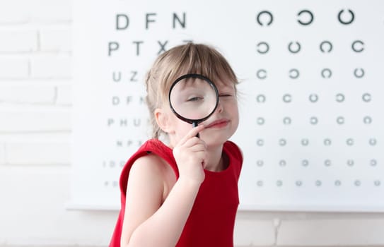 Little girl with magnifying glass standing on background of table for eye test. Eye examination in children concept