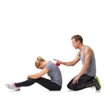 Massage ball, sport physiotherapy and studio with a woman with fitness and workout back injury. Physical therapy, man and wellness with physio health and helping with white background and support.