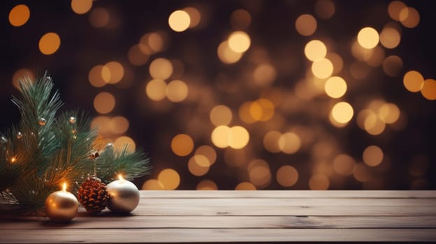 Merry Christmas and Happy New Year background with empty wooden table over Christmas tree and blurred light bokeh. Empty display for product placement. Rustic vintage Xmas 2024 background. comeliness