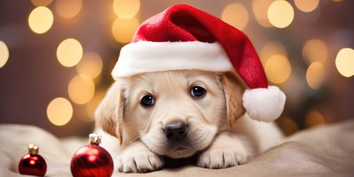 Adorable dog wearing Santa hats at room decorated for Christmas comeliness