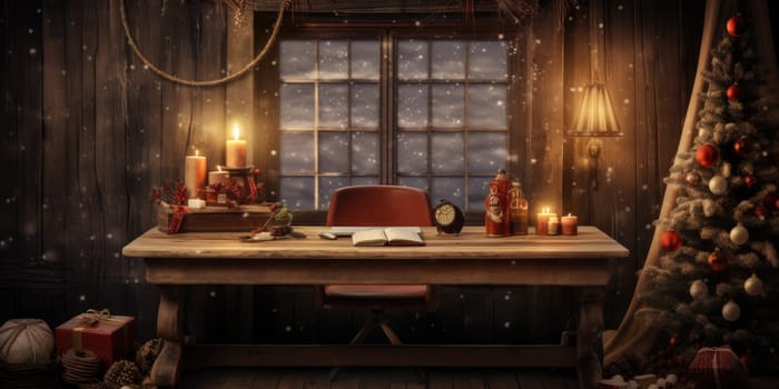 wider view of wooden desk with christmas decor at home in winter comeliness