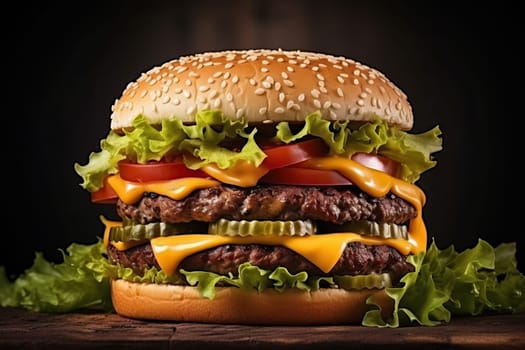 Juicy cheeseburger on a black background, cheeseburger fast food.