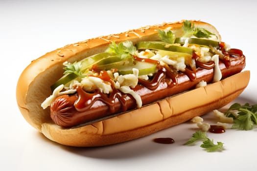 Mega tasty hot dog with salad and sauces on a white background.