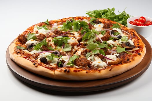 One large pizza on a red round tray on a white background.