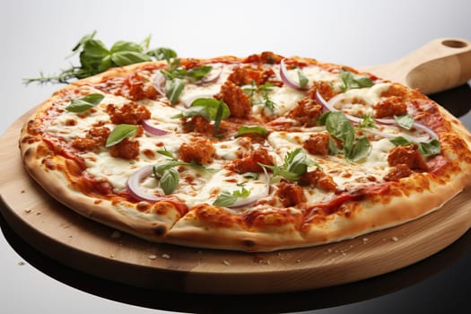 One large pizza on a red round tray on a white background.