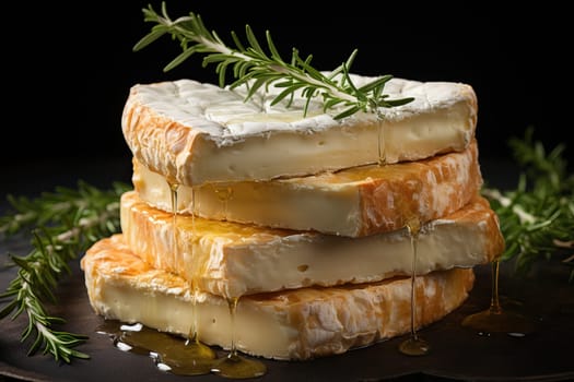 Aged goat cheese with honey on a wooden board with a sprig of rosemary.