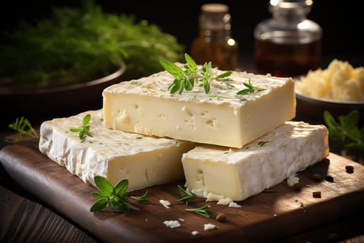 Aged goat cheese with basil on a wooden board, gourmet food.