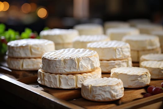 Camembert cheese on wooden shelves, cheese in store on shelves.