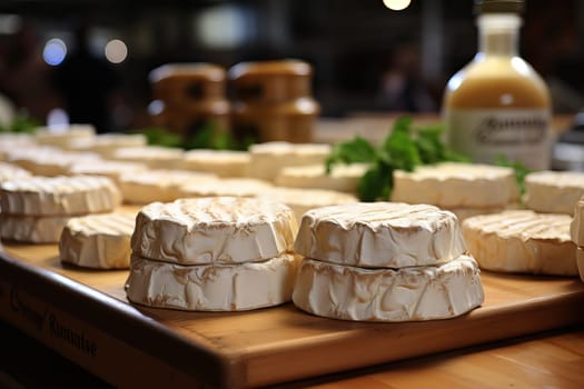 Camembert cheese on wooden shelves, cheese in store on shelves.