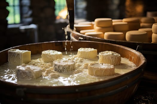 Preparation and soaking of cheeses, round pieces of cheese.