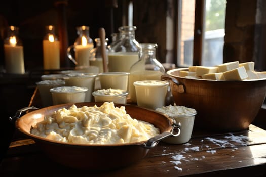 Fresh kefir before cooking it into cheese, fresh dairy products.