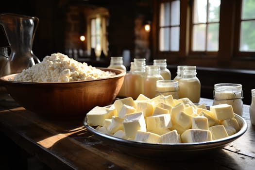 Freshly made white cheese in bowls and milk in bottles, cheese dairy product.