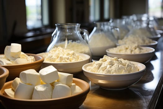 Freshly made white cheese in bowls and milk in bottles, cheese dairy product.