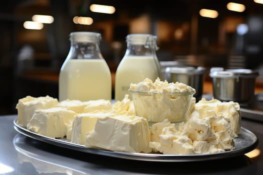 Freshly made white cheese in bowls and milk in bottles, cheese dairy product.
