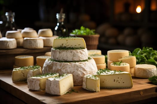 Presentation of cheese on shelves in warehouses, production of cheese on an industrial scale.