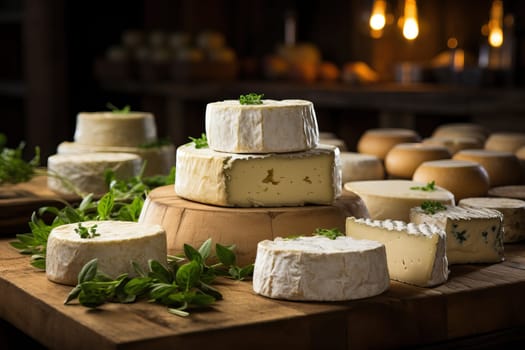 Presentation of cheese on shelves in warehouses, production of cheese on an industrial scale.