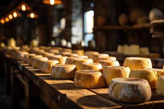 Storage and aging of cheese on wooden shelves in a pantry, production of dairy products.