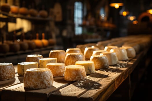 Cheeses on wooden shelves in a storeroom for storing cheese, dairy products.