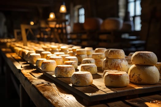 Cheeses on wooden shelves in a storeroom for storing cheese, dairy products.