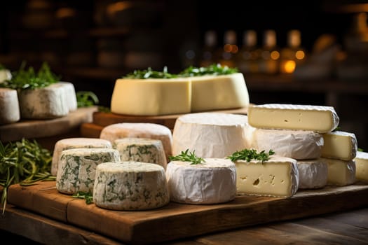 Presentation of cheese on shelves in warehouses, production of cheese on an industrial scale.