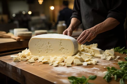 An artisan cuts cheese in the cellar of the cheese factory, the art of cheese making.