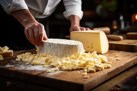 An artisan cuts cheese in the cellar of the cheese factory, the art of cheese making.