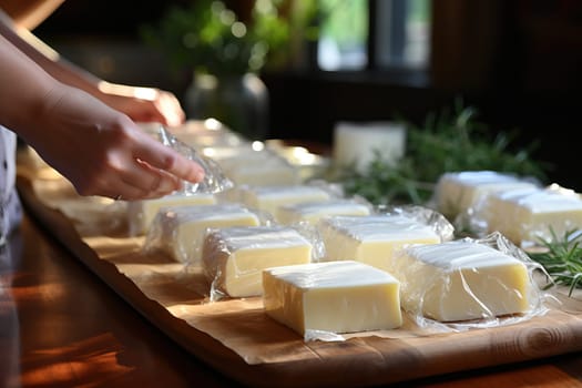 Vacuum packaging of fresh feta cheese, salted feta cheese.