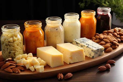 A variety of cheese and nuts and also with different cheese sauces on a black background.