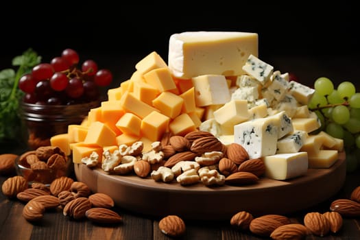 Cheese of different ages on a wooden board with different nuts, presentation of cheese at the cheese exhibition.