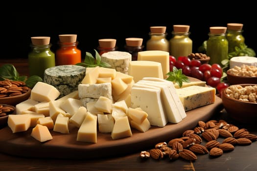 A variety of cheese and nuts and also with different cheese sauces on a black background.