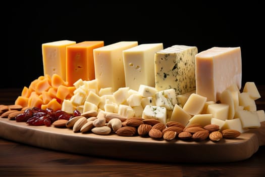 Cheese of different ages on a wooden board with different nuts, presentation of cheese at the cheese exhibition.