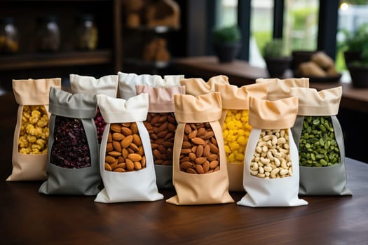 Nuts in linen bags are ready for use, commercial appearance of finished products.